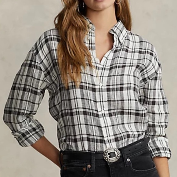NWT Polo by Ralph Lauren Black and White Oversize Fit Plaid Linen Shirt size M